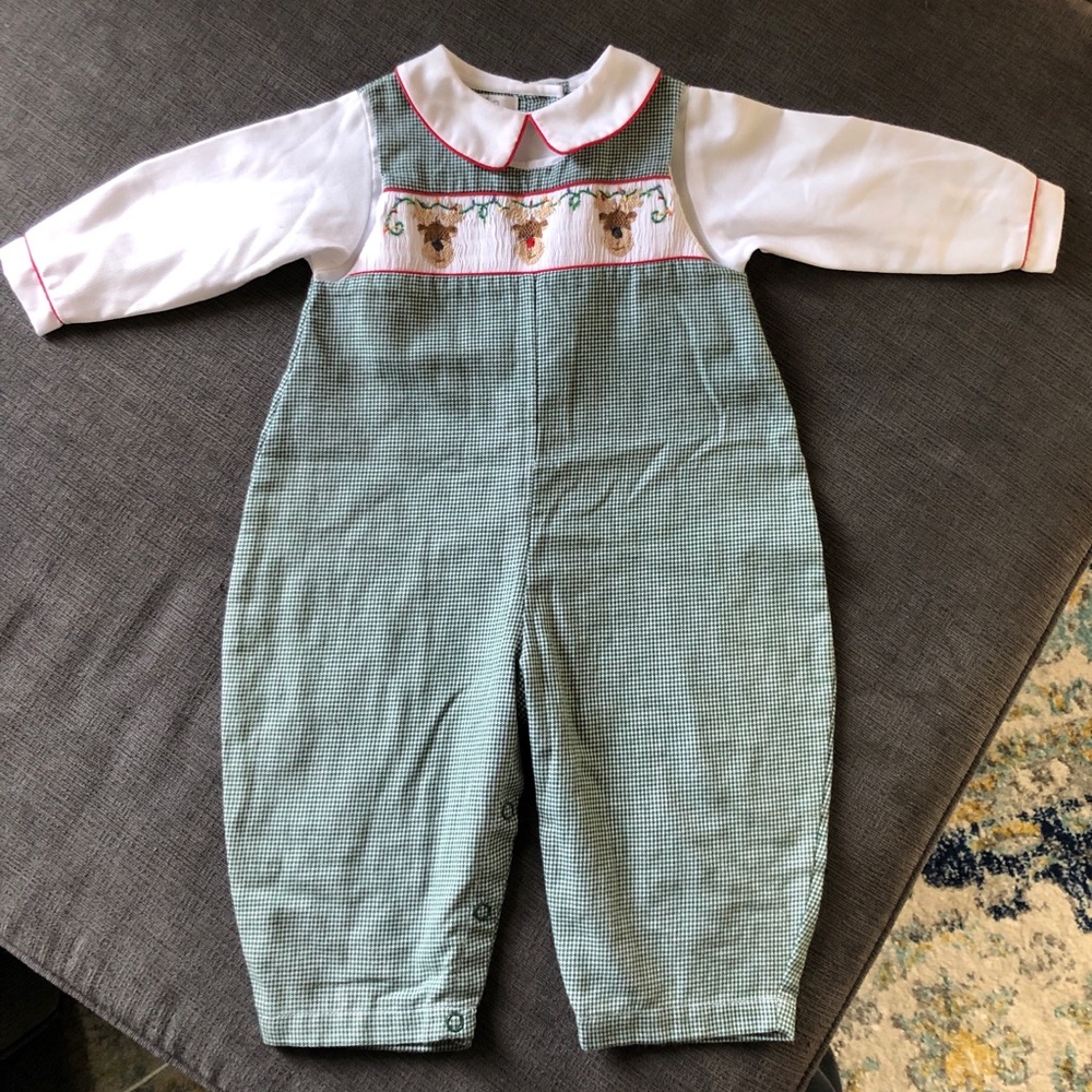 12M boys smocked Christmas coverall